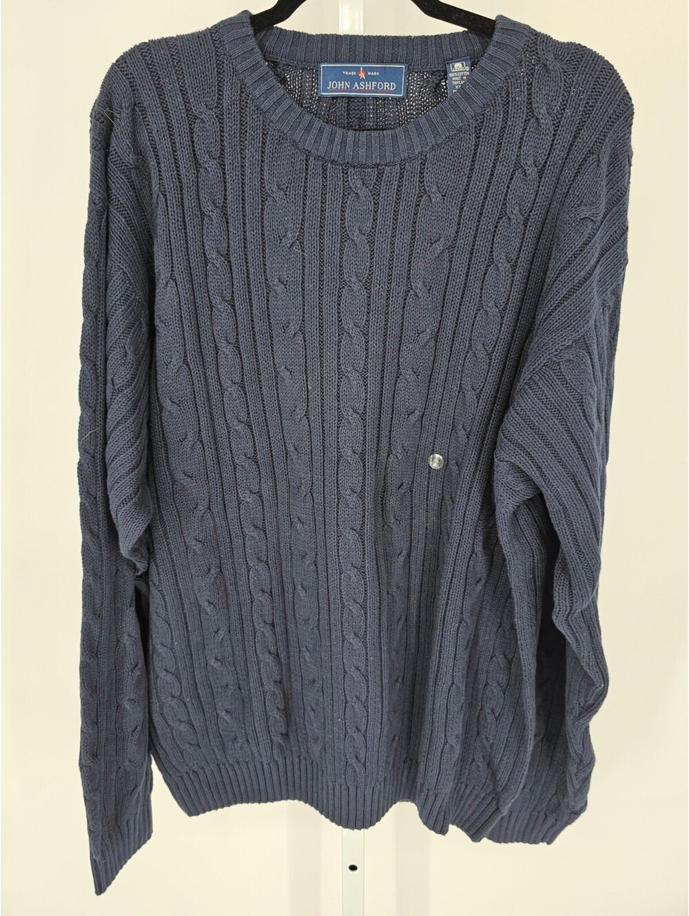 John Ashford Mens Sz XXL Crew Neck Cotton Sweater Navy Blue Cable Knit NEW